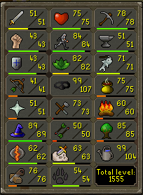 My levels as of this post: 51 Attack, 43 Strength, 43 Defence, 41 Ranged, 51 Prayer, 89 Magic, 62 Runecrafting, 76 Construction, 75 Hitpoints, 84 Agility, 82 Herblore, 99 Thieving (virtual level 107), 73 Crafting, 50 Fletching, 63 Slayer, 54 Hunter, 78 Mining, 51 Smithing, 71 Fishing, 75 Cooking, 60 Firemaking, 85 Woodcutting, and 99 Farming (virtual level 104).